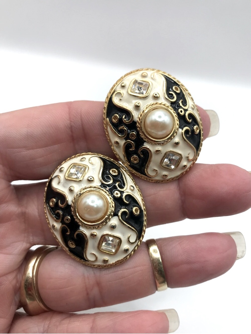Gold-Tone Black & Cream Faux Pearl Dome Clip-on Earrings